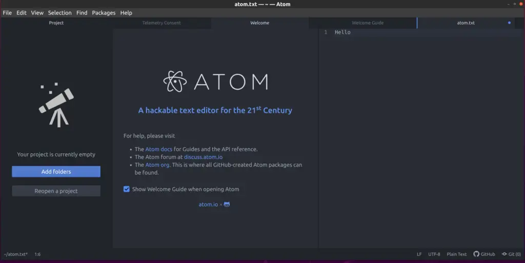 Atom editor GUI on Ubuntu 20.04
