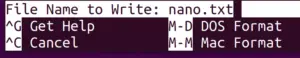 Nano editor file name options in Ubuntu 20.4 terminal