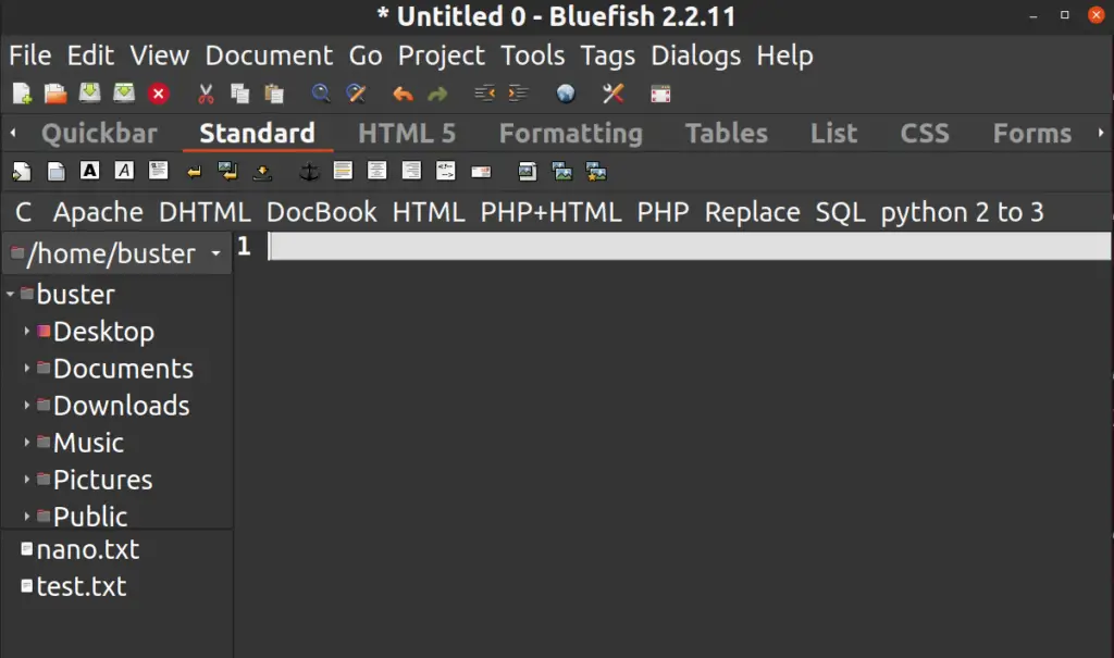 bluefish GUI on Ubuntu 20.04
