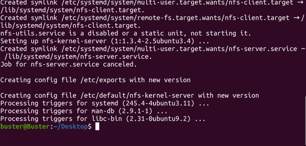 nfs server install ouput on Ubuntu terminal