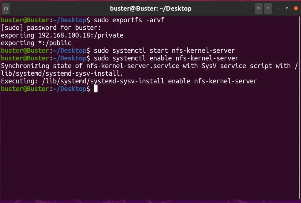 nfs server start command ubuntu terminal 20.04
