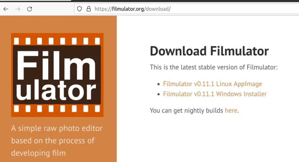 Downloads page of Filmulator