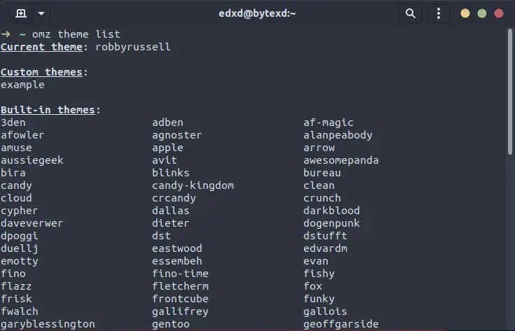 Output of Command "omz theme list"