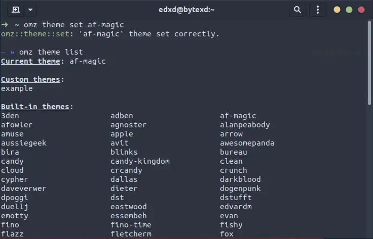 Output of Setting Zsh Theme with the "omz set theme" command