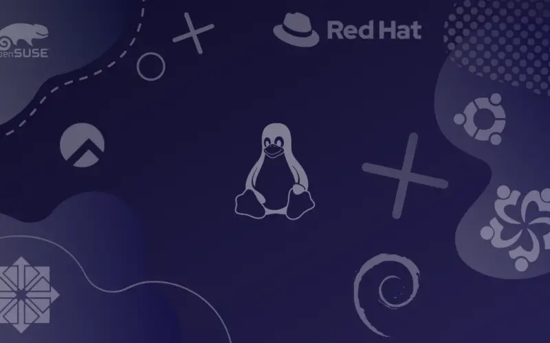 linux tux and various distro logos on a gradient dark blue background