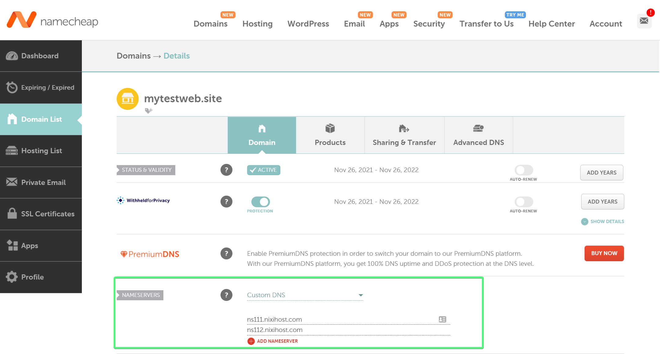 namecheap dashboard DNS section pointing out the nameserver section