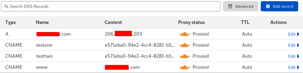 cloudflare dns records showing cnames added by cloudflare tunnel