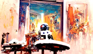 A beautiful room where a robot is standing with a paintbrush in front of a painted canvas. by John Berkey