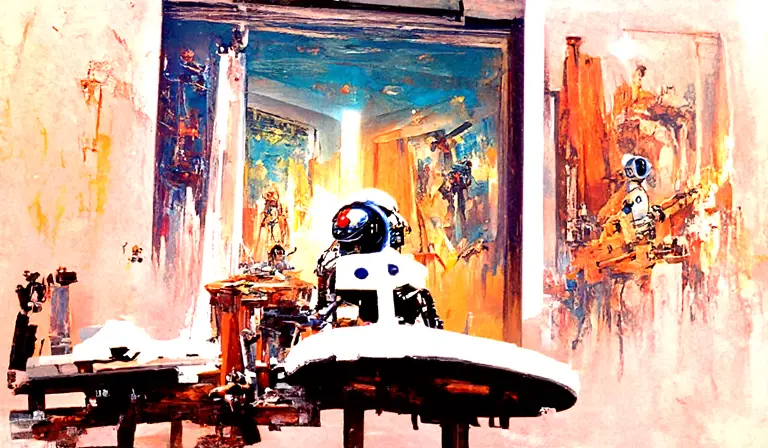 A beautiful room where a robot is standing with a paintbrush in front of a painted canvas. by John Berkey
