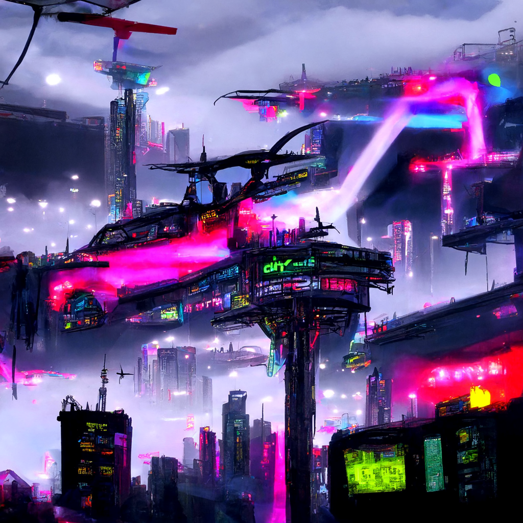 A cyberpunk cityscape with bright neon lights and flying cars. The city is teeming with life, and the sies are filled with air traffic.