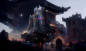 A beautiful fantasy artwork of a celestial cyberpunk castle by li shuxing, trending on artstation