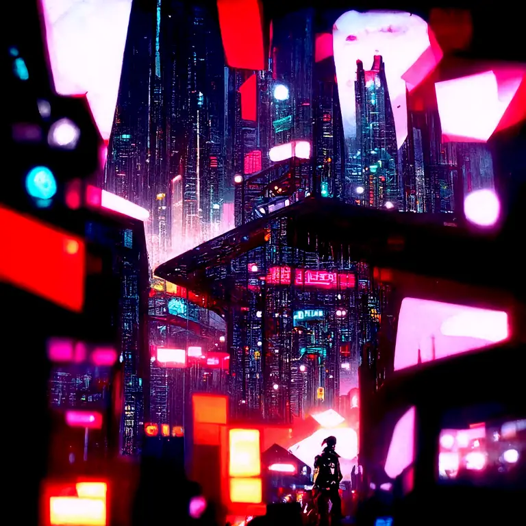 A scene of a cyberpunk city, with bright lights and sharp geometric shapes. Think Blade Runner meets Tron. by Kilian Eng