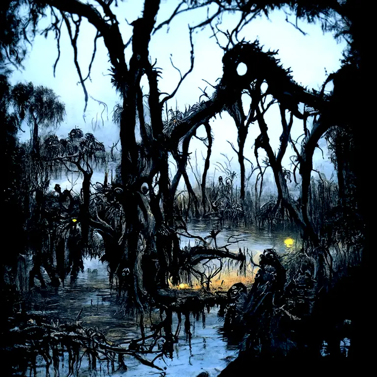 A scene of a dark, dank swamp, with twisted trees and eerie glowing eyes staring from the shadows. by John Blanche