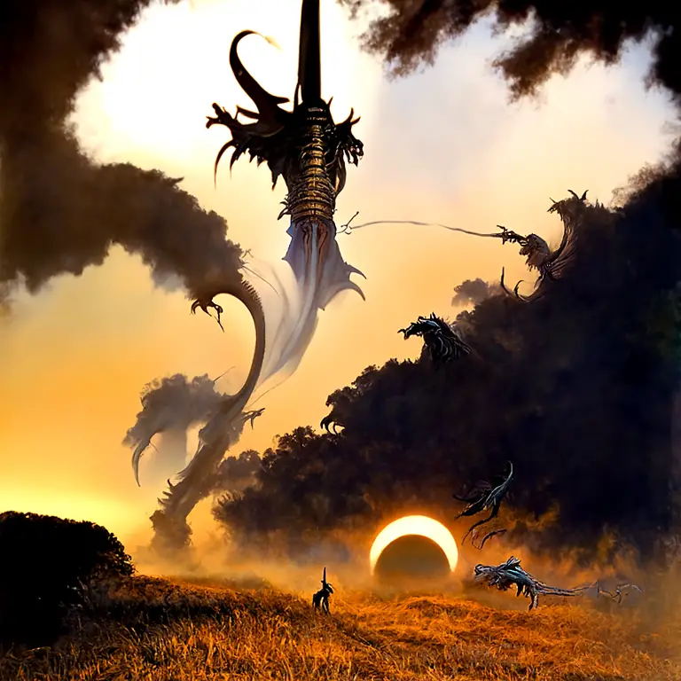 A terrifyingly huge dragon with multiple horns, spikes running down its back, and a long tail sweeps across the sky, blotting out the sun. Underneath, a lone figure stands defiantly, weapon drawn, preparing to face the creature. by Michael Whelan