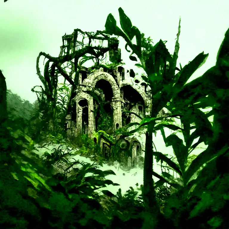A forgotten ruin in an overgrown jungle, inspired by H.P. Lovecraft's At the Mountains of Madness