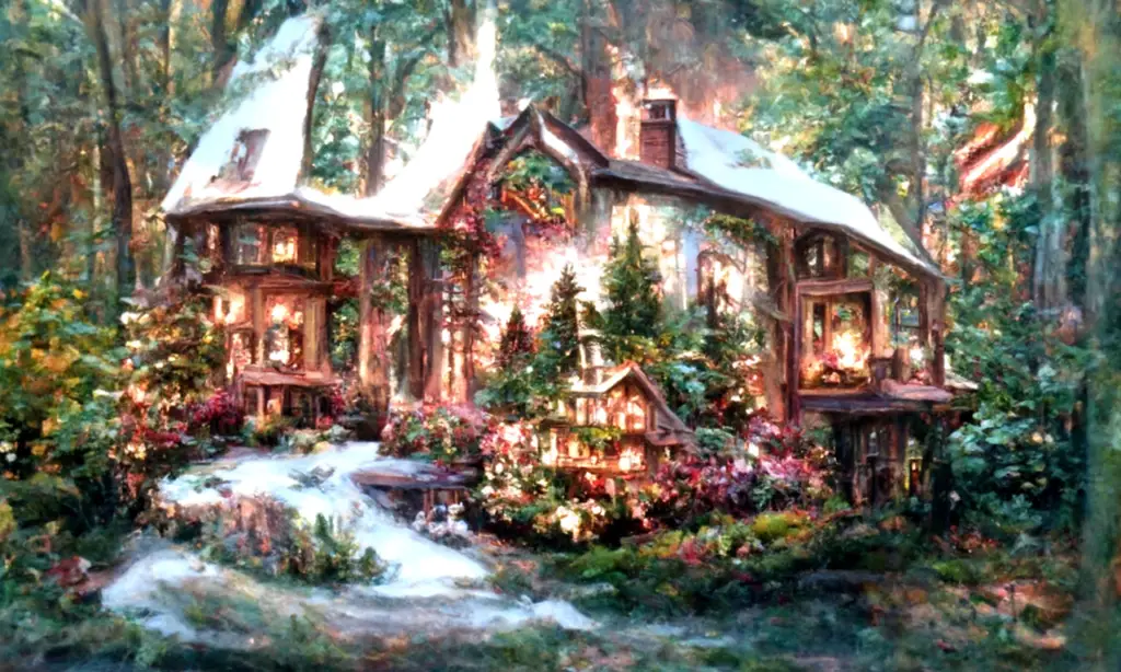 A beautiful house in the woods by Thomas Kinkade