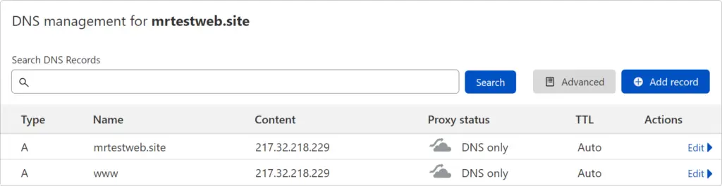 screenshot of cloudflare example DNS config