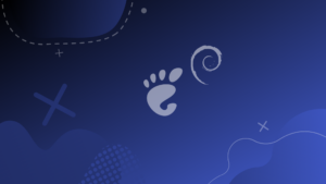 gnome and debian logos on a blue gradient background