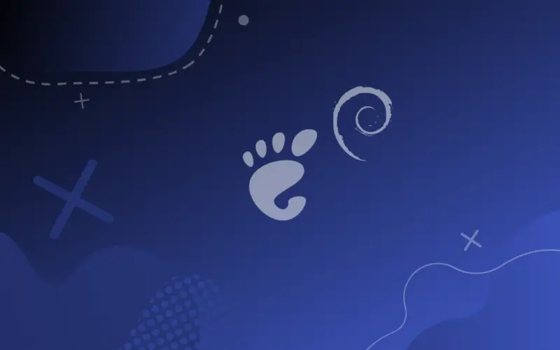 gnome and debian logos on a blue gradient background