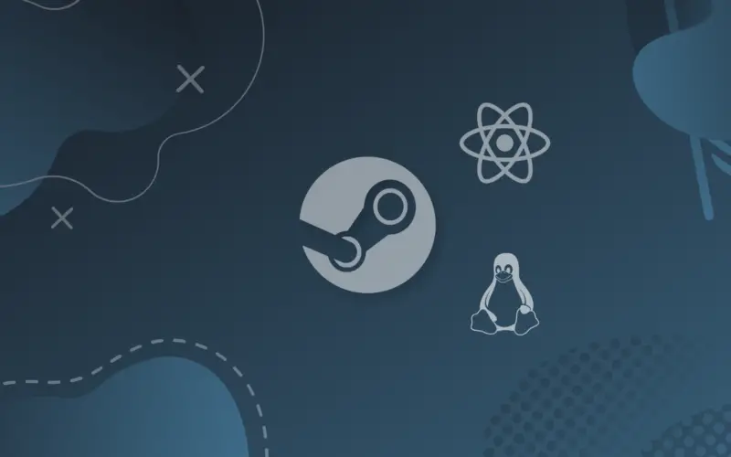 Steam, Proton, and Linux logos on a blue gradient background
