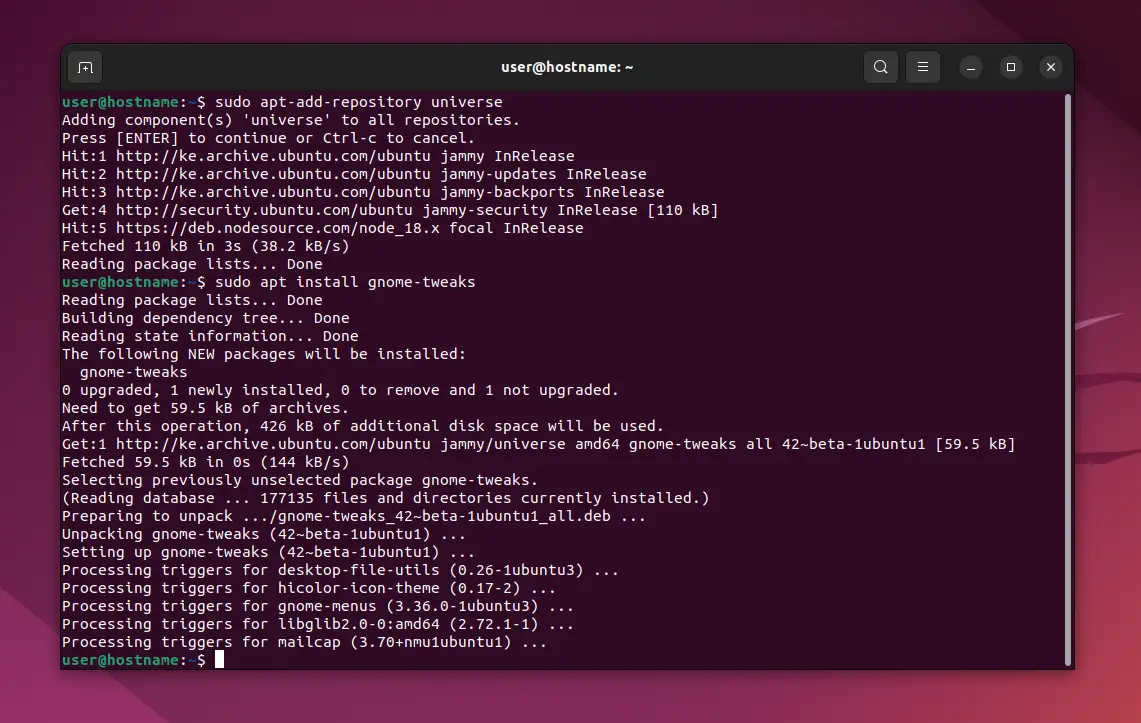 Notes/Articles/How to Install and Use GNOME Tweaks Tool in Ubuntu 22.04/install GNOME tweaks tool.png