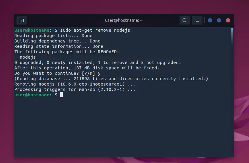 Hướng dẫn gỡ cài đặt NodeJS trên Ubuntu 22.04 là một điều cần thiết để bảo vệ hệ thống và tránh những sự cố do không đúng phiên bản. ByteXD cung cấp cho bạn một cách để làm điều này một cách tiện lợi và đơn giản. Hãy xem hình ảnh liên quan để biết thêm.