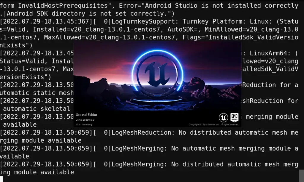 Screenshot of Splash Screen from Unreal Engine 5 on Linux