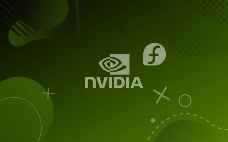nvidia and fedora logos on a green gradient background