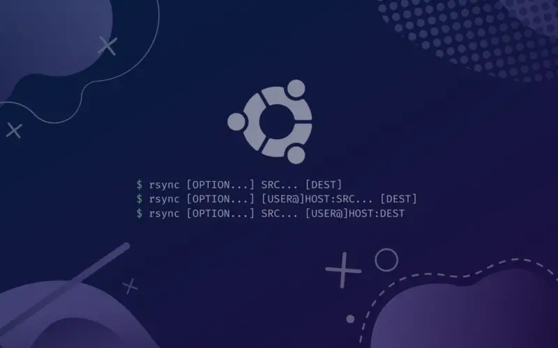 Rsync Syntax and Ubuntu Logo on Purple Gradient Background