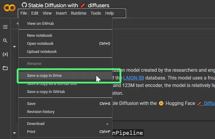 Screenshot Demonstrating How To Save Stable Diffusion to Drive