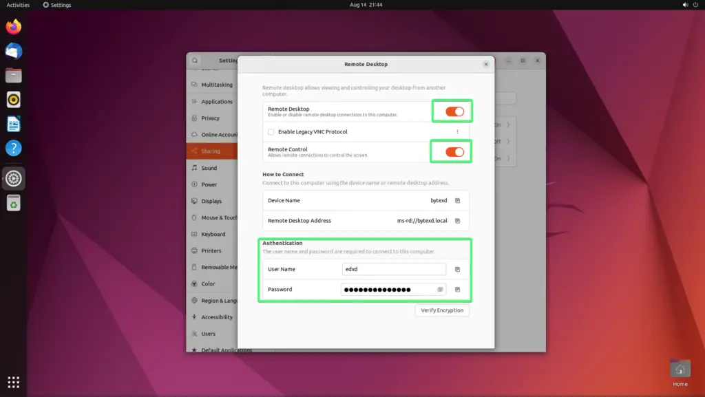 GNOME Sharing Settings - Enabling Remote Desktop and Remote Control, also the possibility of changing remote desktop username and password
