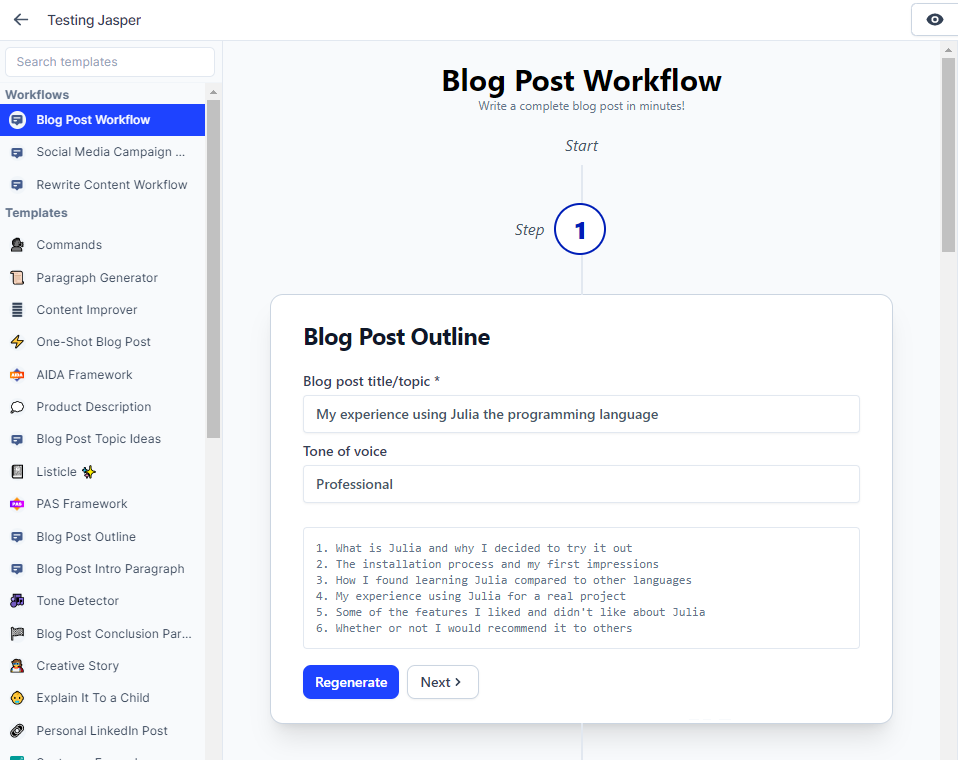 Best AI Writers - 8 Best Content Creation Tools in 2023 135 Jasper Workflow 1