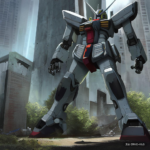 a giant gundam japanese robot battlemech in city ruins, concept art, concept (1)