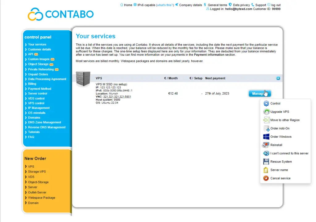 Contabo VPS Control Panel