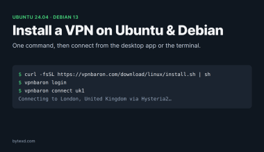 Install a VPN on Ubuntu 24.04 and Debian 13: the install command, vpnbaron login and vpnbaron connect