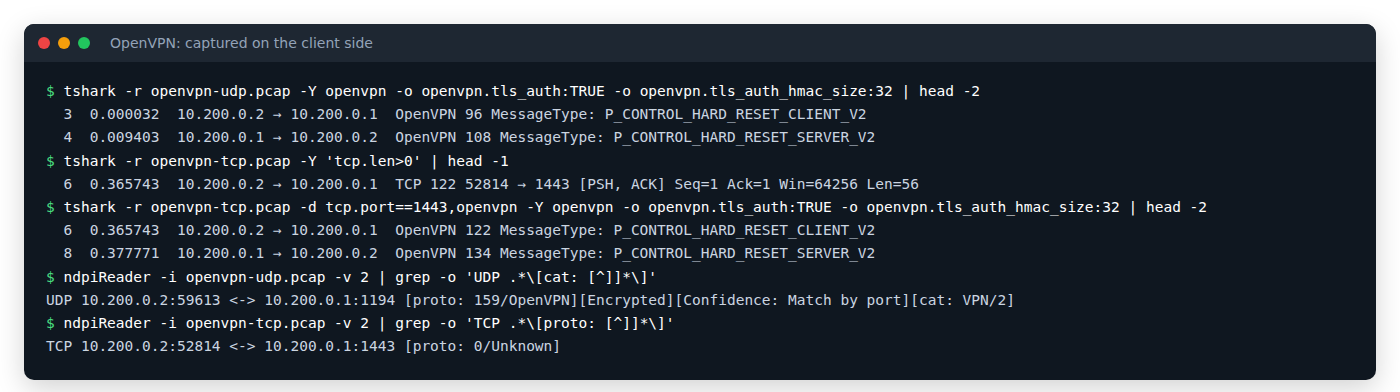 tshark identifies OpenVPN hard reset packets over UDP and TCP; nDPI labels the UDP flow OpenVPN and the TCP flow Unknown