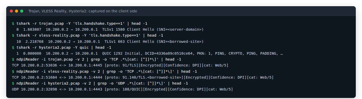 tshark and nDPI output for Trojan, VLESS Reality and Hysteria2 captures: TLS, TLS to the borrowed site, and QUIC
