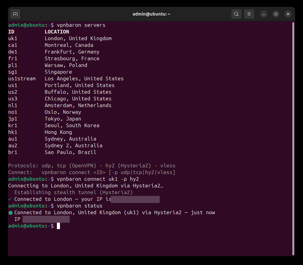 VPNBaron CLI in an Ubuntu terminal: vpnbaron servers, vpnbaron connect uk1 -p hy2 and vpnbaron status