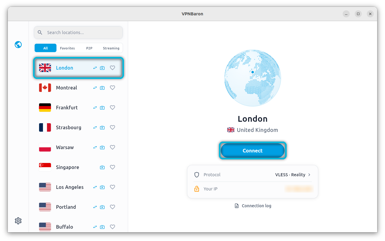 VPNBaron location list with London selected and the Connect button