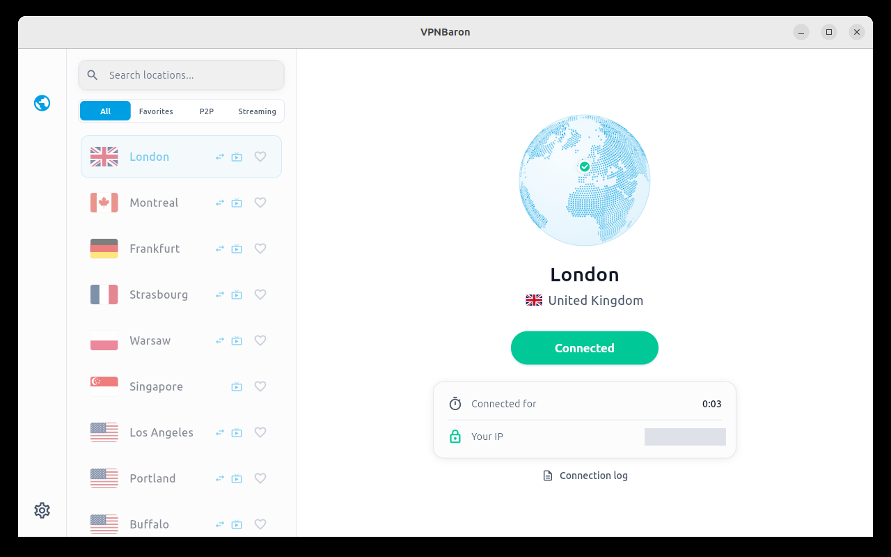 VPNBaron Linux app connected to London