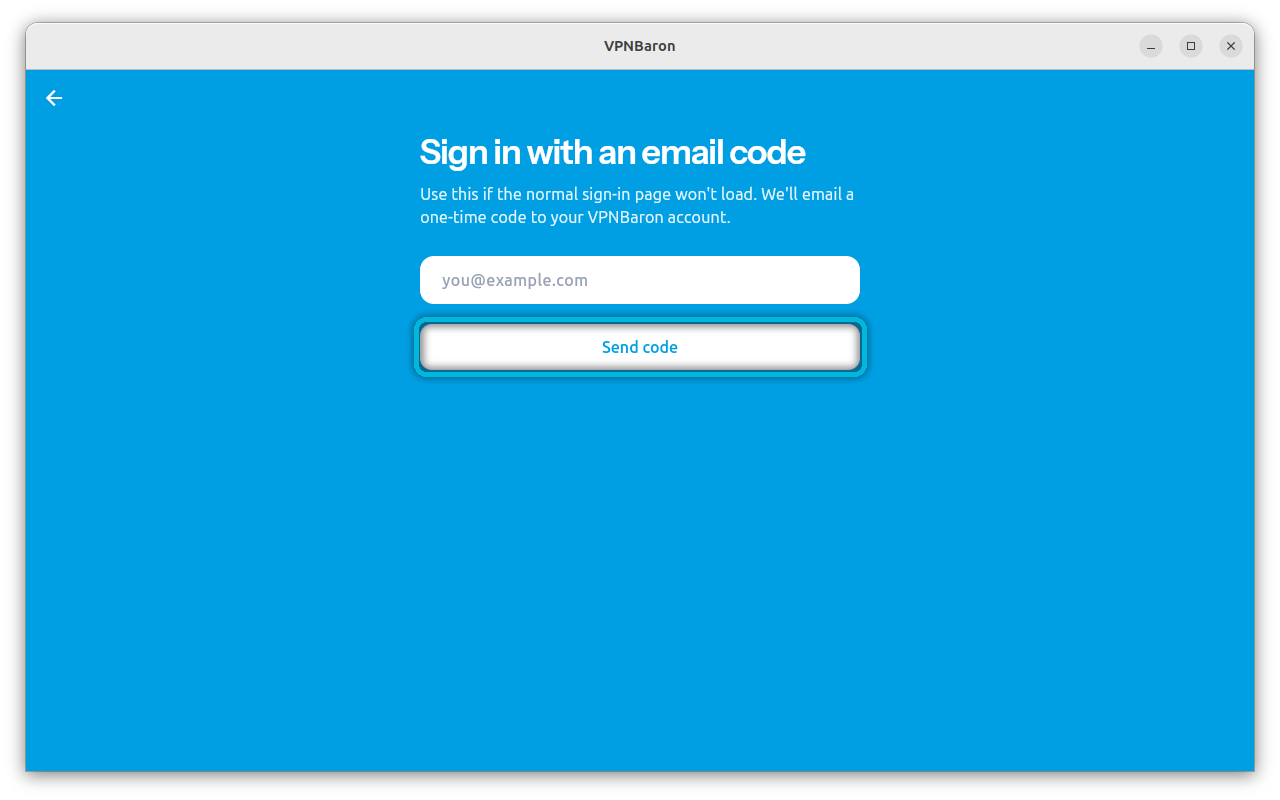 VPNBaron sign in with an email code screen