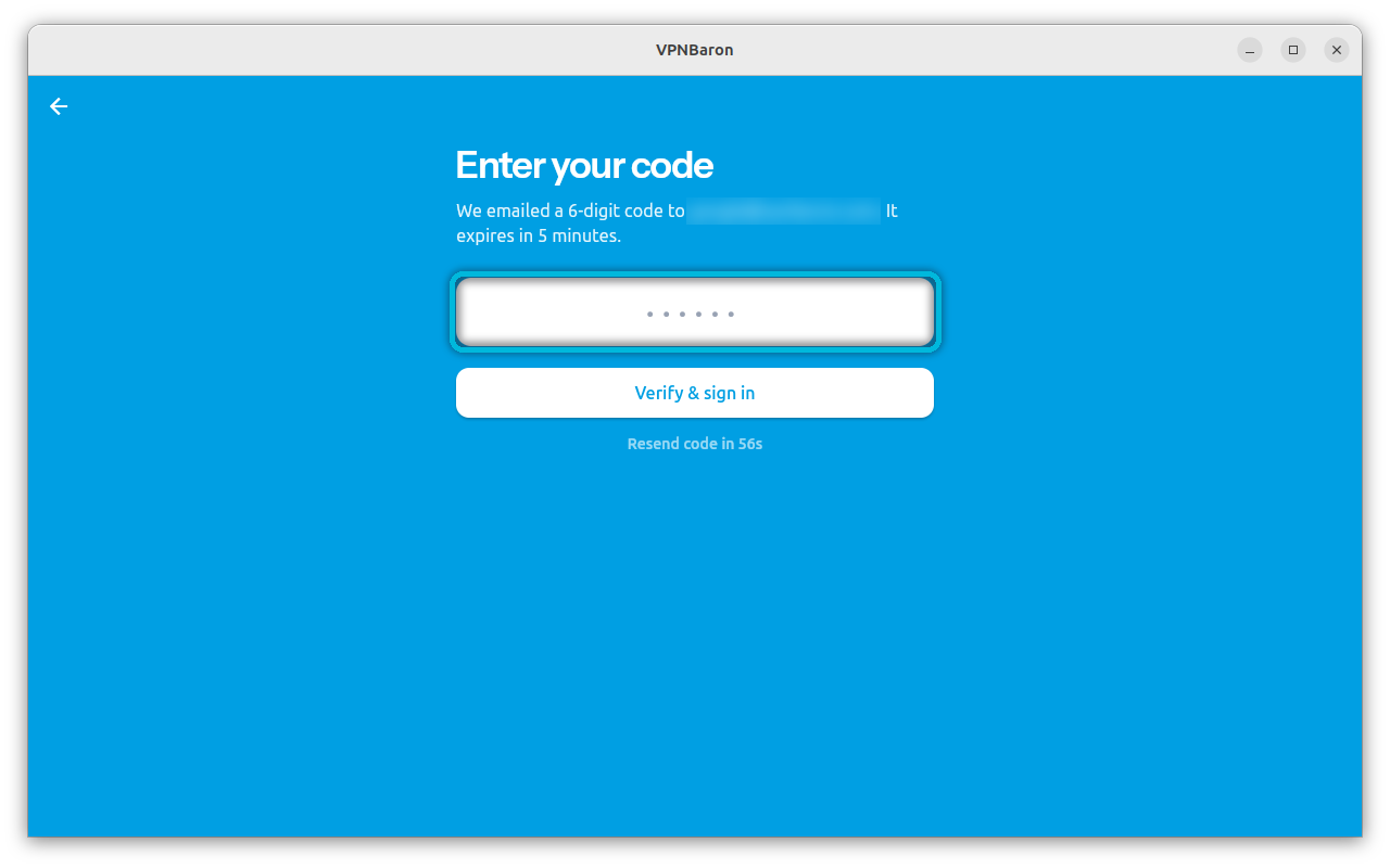 Entering the 6-digit email code in VPNBaron