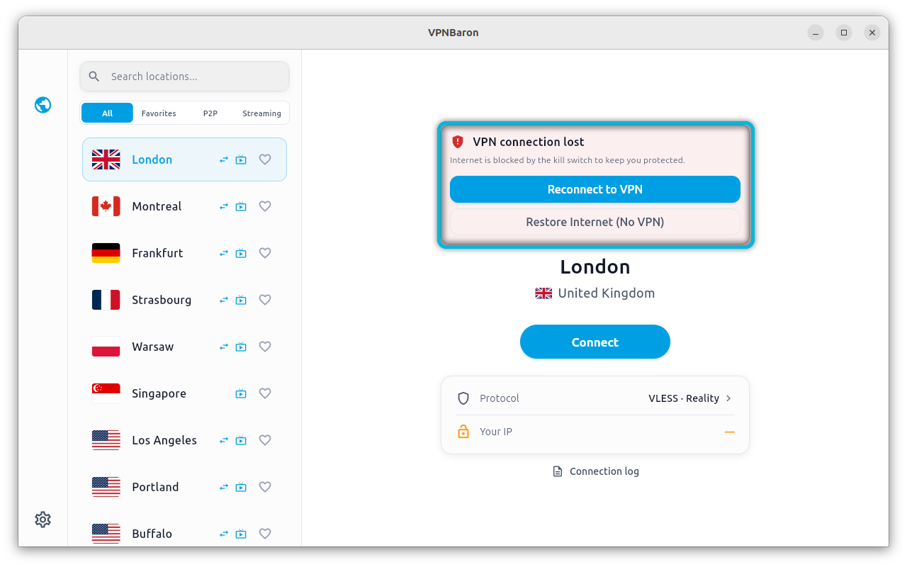 VPN connection lost banner with Reconnect to VPN and Restore Internet buttons