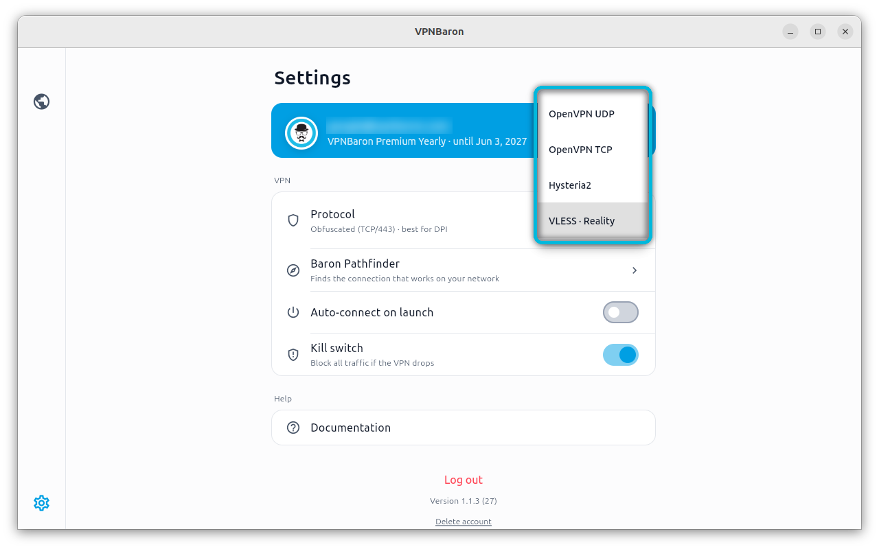 VPNBaron settings with the protocol menu: OpenVPN UDP, OpenVPN TCP, Hysteria2, VLESS Reality