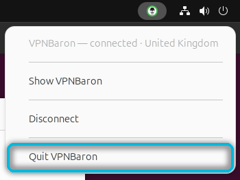 VPNBaron menu in the Ubuntu top bar with Quit VPNBaron