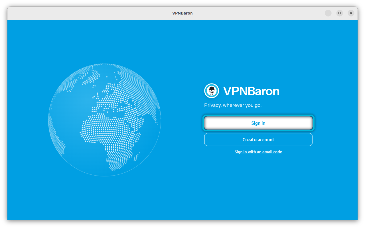 VPNBaron welcome screen with the Sign in button